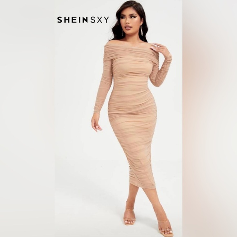 SHEIN Tan Ruched Long Sleeve Bodycon Dress